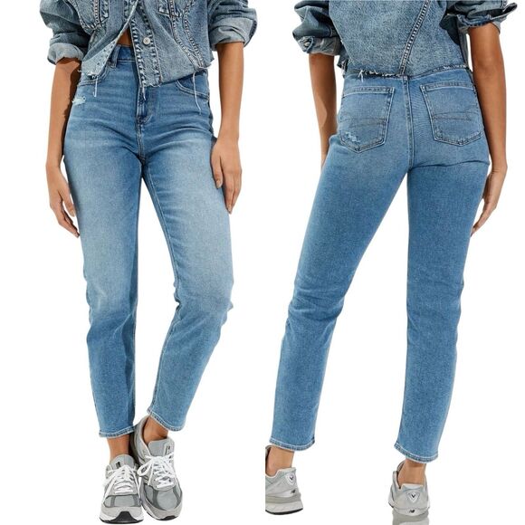 AE Stretch Mom Jeans Size 14 Long Medium Blue Wash Ripped High Waist Distressed - Picture 1 of 13
